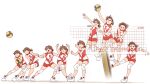  1girl :t ankle_socks arm_up ball brown_eyes brown_hair bumping closed_mouth commentary elbow_pads frown girls_und_panzer highres jumping kawanishi_shinobu knee_pads legs_up motion_blur multiple_views open_mouth red_shirt red_shorts red_socks satou_yasu shirt shoes short_hair short_ponytail short_shorts shorts single_vertical_stripe sleeveless sleeveless_shirt sneakers socks spiking sportswear standing swept_bangs volleyball volleyball_(object) volleyball_net volleyball_uniform white_footwear wristband 