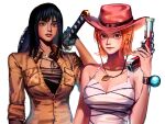  2girls absurdres bare_shoulders black_gloves black_hair blunt_bangs closed_mouth cowboy_hat cross cross_necklace gloves gun handgun hat hat_removed headwear_removed highres holding holding_gun holding_sword holding_weapon jewelry log_pose long_hair multiple_girls nami_(one_piece) necklace nico_robin one_piece onigirimayora orange_eyes orange_hair pink_headwear realistic short_hair simple_background smile sword weapon white_background 