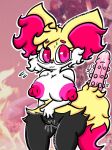  4_fingers anthro bodily_fluids braixen breasts dildo eyewear female fingers fur generation_6_pokemon genital_fluids genitals glasses hi_res lewdchuu_(artist) nintendo nipples pokemon pokemon_(species) pussy pussy_juice red_eyes red_nipples sex_toy solo sweat tail white_body yellow_body yellow_fur 