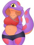  2021 absurd_res anthro bottomwear breasts clothing cobra digital_drawing_(artwork) digital_media_(artwork) female hi_res looking_at_viewer purple_body reptile scalie shorts snake solo solo_focus standing thick_thighs yellow_eyes zinzoa 