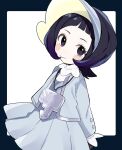  1girl black_hair blush_stickers closed_mouth commentary dress eyelashes female_child grey_dress grey_eyes grey_headwear grey_jacket highres jacket jewelry long_sleeves looking_at_viewer necklace open_clothes open_jacket pokemon pokemon_(game) pokemon_sv poppy_(pokemon) smile solo symbol-only_commentary ukocome visor_cap white_background 