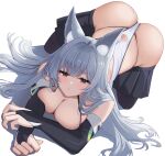  1girl all_fours animal_ear_fluff animal_ears ass azur_lane bare_shoulders black_skirt blue_eyes blush breasts bridal_gauntlets cleavage fox_ears fox_girl grey_hair highres kuwahara_taiki large_breasts leotard long_hair looking_at_viewer official_alternate_costume parted_lips pleated_skirt shinano_(azur_lane) shinano_(moonlit_chrome)_(azur_lane) simple_background skirt solo white_background white_leotard 