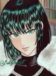  1girl black_hair dress earrings fubuki_(one-punch_man) fur_collar green_eyes green_hair highres jewelry light_smile lips looking_at_viewer mostlybluewyatt necklace one-punch_man short_hair solo twitter_username 