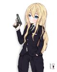  1girl absurdres black_jacket black_pants blonde_hair blue_eyes cosplay cowboy_shot formal gun handgun highres jacket james_bond james_bond_(cosplay) james_bond_(series) k-on! kotobuki_tsumugi long_hair necktie pants shiroyasha_(shiroyashadraw) suit walther walther_ppk weapon white_background 