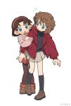  2girls alternate_costume arm_hug blue_eyes blush brown_hair female_child full_body haibara_ai hair_between_eyes highres jacket looking_at_another meitantei_conan minamip multiple_girls notice_lines open_mouth red_jacket short_hair skirt standing surprised sweater yoshida_ayumi 