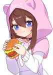  1girl blue_eyes brown_hair burger cross_(vgne4542) eating food highres hololive hood solo tokino_sora 