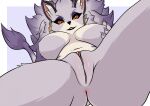  anthro belladonna_(trials_of_mana) black_nose breasts ear_piercing eyelashes fanathir felid feline female fur genitals grey_body grey_fur hair hand_on_breast hand_on_own_breast hi_res jewelry looking_at_viewer looking_down mammal multicolored_body multicolored_fur nude orange_sclera piercing pussy simple_background solo tail trials_of_mana under_boob white_body white_fur yellow_eyes 