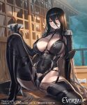  artist_name between_breasts black_hair bottle breasts cleavage company_connection copyright_name cuboon cup evertale gloves highres holding large_breasts lips logo long_hair long_sleeves looking_at_viewer official_art parted_lips red_eyes sakazuki sake_bottle sitting smile zipper zipper_pull_tab 