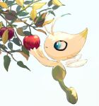  absurdres animal_focus antenna_hair apple artist_name blue_eyes branch celebi floating food from_side fruit highres leaf no_humans pokemon pokemon_(creature) simple_background solo su_(sajo_su5) white_background wings 