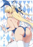  1girl animal_ears argyle argyle_background ass bare_back blonde_hair blue_archive blue_eyes blue_leotard breasts fake_animal_ears fake_tail halo highres leotard long_hair looking_at_viewer medium_breasts nanohana_(november.) official_alternate_costume playboy_bunny rabbit_ears rabbit_tail sideboob solo tail thighhighs toki_(blue_archive) toki_(bunny)_(blue_archive) white_thighhighs 
