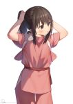  1girl adjusting_hair animal_on_shoulder arms_up bird blush brown_eyes brown_hair character_request copyright_request highres mouse mouth_hold pants pink_pants pink_shirt ryota_(ry_o_ta) shirt solo white_background 