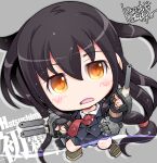  1girl adapted_turret black_hair black_jacket black_skirt blazer cannon character_name chibi hair_between_eyes hatsushimo_(kancolle) highres jacket kantai_collection kuroneko_(kuroneko_works) long_hair long_sleeves low-tied_long_hair miniskirt orange_eyes pleated_skirt rigging school_uniform shirt skirt solo very_long_hair white_shirt 