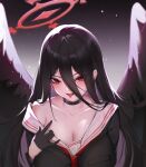  1girl :p absurdres bare_shoulders bingjilin black_background black_choker black_gloves black_hair black_serafuku black_wings blue_archive breasts choker cleavage collarbone gloves gradient_background hair_between_eyes halo hasumi_(blue_archive) highres large_breasts long_hair looking_at_viewer mole mole_under_eye neckerchief off_shoulder red_halo red_neckerchief sailor_collar school_uniform serafuku solo tongue tongue_out upper_body white_sailor_collar wings 