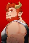  1boy arm_hair bara bare_arms character_request check_copyright copyright_request daisukebear demon_boy demon_horns forked_eyebrows from_side hair_over_one_eye highres horns looking_at_viewer male_focus mature_male muscular muscular_male notched_ear orange_eyes orange_hair original pectorals pointy_ears seductive_smile short_hair sidepec smile solo swept_bangs tank_top thick_eyebrows white_tank_top 