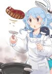  1girl 1other apron blue_hair brown_eyes cooking cooking_pot double_bun enjaku_izuku fang food hair_bun hat hat_removed headwear_removed highres kantai_collection little_blue_whale_(kancolle) meat miniskirt open_mouth samuel_b._roberts_(kancolle) skirt spatula white_background 