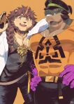  ;) bara belt black_pants black_shirt braid hands_on_another&#039;s_shoulders hands_on_own_hips hastur_(housamo) highres horns jewelry lab_coat looking_at_viewer necklace one_eye_closed pants pawpads pazuzu_(housamo) sawch_cls shirt single_horn smile tokyo_afterschool_summoners waving yellow_background yellow_shirt 