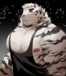  1boy animal_ears arknights artist_request bara bare_pectorals black_tank_top facial_hair furry furry_male goatee highres large_pectorals looking_at_viewer loose_clothes male_focus mountain_(arknights) muscular muscular_male nipples no_scar pectorals short_hair solo tank_top thick_eyebrows thick_thighs thighs tiger_boy tiger_ears upper_body white_hair 