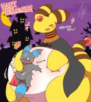  ambiguous_gender ampharos belly belly_squish big_belly blush bodily_fluids duo eeveelution eyes_closed feral generation_2_pokemon halloween hi_res holidays japanese_text mammal nintendo open_mouth pokemon pokemon_(species) shiny_pokemon squish sweat takisan_oekaki text umbreon 