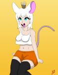  abdominal_bulge animal_humanoid beverage big_teeth blue_eyes bottomwear clothing crop-top fair_skin female hair hi_res hooters humanoid it&#039;s_on_the_mouse legwear mammal mammal_humanoid mouse_humanoid murid murid_humanoid murine murine_humanoid navel orange_bottomwear orange_clothing orange_pants pants rodent rodent_humanoid shirt simple_background sitting solo thigh_highs topwear white_clothing white_hair white_shirt white_topwear yeetboi420z 