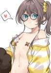  1girl areola_slip bandaid bandaids_on_nipples bare_shoulders blue_eyes blush breasts brown_hair closed_mouth collarbone commentary erubusubori glasses heart highres hololive jacket long_sleeves looking_at_viewer medium_hair naked_jacket natsuiro_matsuri natsuiro_matsuri_(matsuri&#039;s_day_off) navel official_alternate_costume pasties round_eyewear scrunchie side_ponytail simple_background small_breasts smile solo speech_bubble spoken_heart striped striped_jacket upper_body variant_set virtual_youtuber white_background white_jacket yellow_jacket yellow_scrunchie 