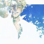  1boy blending blonde_hair blue_sky collared_shirt happy jujutsu_kaisen long_sleeves looking_to_the_side luoluoqqq male_focus mature_male nanami_kento shirt short_hair sky smile solo upper_body water_drop wet wet_clothes wet_hair wet_shirt 