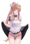  1girl absurdres alternate_costume apron ass_visible_through_thighs black_bow black_bowtie black_dress blush bow bowtie breasts cleavage clothes_lift doki_doki_literature_club dress dress_lift enmaided fingernails frilled_apron frills green_eyes highres large_breasts looking_at_viewer maid maid_apron maid_headdress monika_(doki_doki_literature_club) nail_polish orange_hair panties pink_panties ponytail puffy_short_sleeves puffy_sleeves short_sleeves sidelocks simple_background smile solo thigh_gap underwear white_apron white_background yami_(rear4742) 