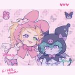  2girls :p blonde_hair bow bowtie braid cosplay ear_bow green_hair hair_between_eyes hand_up heart heterochromia highres hood hood_up kuromi kuromi_(cosplay) league_of_legends long_hair long_sleeves multiple_girls my_melody onegai_my_melody pink_bow pink_bowtie pink_eyes shirt tongue tongue_out translation_request upper_body vex_(league_of_legends) white_shirt yellow_eyes yordle zoe_(league_of_legends) ztdlb 