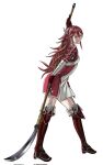  1girl armor boots caeldori_(fire_emblem) dark_red_hair dress fire_emblem fire_emblem_fates fold-over_boots from_side full_body garter_straps gloves highres holding holding_weapon kozaki_yuusuke_(style) long_hair naginata peacefulandflat polearm red_eyes red_hair short_dress simple_background solo thigh_boots very_long_hair weapon white_background winged_hair_ornament zettai_ryouiki 