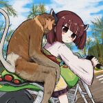  1girl blade blue_sky blunt_bangs brown_hair bubbacterial cloud cloudy_sky day feet_out_of_frame frown headgear highres japanese_clothes kimono long_sleeves looking_at_viewer looking_back monkey motor_vehicle motorcycle obi on_motorcycle outdoors palm_tree pleated_skirt proboscis_monkey purple_skirt red_eyes sash short_hair short_twintails skirt sky solo sweat sweating_profusely touhoku_kiritan tree twintails voiceroid white_kimono wide_sleeves 