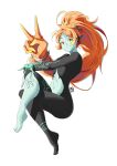  1girl automatic_giraffe barefoot breasts colored_sclera colored_skin commentary completely_nude convenient_leg crossed_legs full_body highres long_hair looking_at_viewer medium_breasts midna midna_(true) navel nude orange_hair pointy_ears red_eyes smile solo symbol-only_commentary the_legend_of_zelda the_legend_of_zelda:_twilight_princess v white_background 