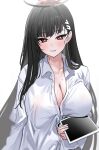  1girl absurdres black_hair blue_archive blush breasts cleavage collared_shirt grin hair_ornament hairclip halo highres large_breasts long_hair long_sleeves looking_at_viewer red_eyes rio_(blue_archive) shirt smile solo white_shirt yuki_(asayuki101) 