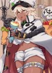  1girl :p bandaged_arm bandages blonde_hair clover cream dark-skinned_female dark_skin fingerless_gloves food four-leaf_clover gloves guilty_gear guilty_gear_strive habit highres holding holding_food lucifero_(guilty_gear) medium_hair navel orange_eyes oushiza_towel pancake ramlethal_valentine short_shorts shorts sweets tongue tongue_out white_gloves white_shorts 