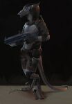  2018 akrolayn anthro armor black_background black_sclera bottomwear clothing digital_media_(artwork) digital_painting_(artwork) full-length_portrait gun hair hi_res holding_gun holding_object holding_weapon light lighting male metal portrait ranged_weapon sergal shaded shorts simple_background solo standing tail three-quarter_view weapon yellow_eyes 