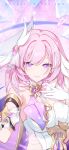  1girl bare_shoulders breasts character_name crystal elysia_(herrscher_of_human:ego)_(honkai_impact) elysia_(honkai_impact) english_text gloves hair_between_eyes hand_on_own_chest highres honkai_(series) honkai_impact_3rd large_breasts looking_at_viewer official_art official_wallpaper pink_eyes pink_hair solo upper_body white_gloves white_headwear 