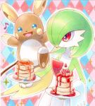  1girl alolan_raichu argyle argyle_background arms_up berry_(pokemon) blue_eyes blueberry blush_stickers bob_cut butter closed_mouth colored_skin commentary_request cream dessert flat_chest food fruit gardevoir green_skin hair_over_one_eye hands_up happy holding holding_food holding_plate ice_cream jam leg_up leppa_berry looking_to_the_side multicolored_background multicolored_eyes multicolored_skin musical_note one_eye_covered open_mouth outline pancake pancake_stack partial_commentary pawpads pecha_berry plate pokemon pokemon_(creature) red_eyes red_hair short_hair sideways_mouth smile sparkle standing standing_on_one_leg strawberry syrup towel_on_arm traditional_media two-tone_skin upper_body white_outline white_skin yellow_eyes yuka_(yukaaaaaaa0705) 