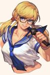  alternate_costume blonde_hair blue_eyes capcom crop_top glasses hungry_clicker microphone rainbow_mika sailor_collar sailor_shirt school_uniform shirt simple_background street_fighter street_fighter_v tagme twintails wristband 