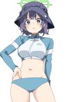  1girl bikini bikini_bottom_only blue_archive commentary_request cropped_jacket green_eyes hair_between_eyes halo hand_on_own_hip hat long_sleeves looking_at_viewer momomatang navel official_alternate_costume purple_hair raglan_sleeves saki_(blue_archive) saki_(swimsuit)_(blue_archive) short_hair sidelocks simple_background solo stomach swimsuit white_background 