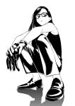  1girl breasts commentary_request full_body glasses gloves highres jinou_rakugaki large_breasts minakata_hizuru mole mole_under_mouth monochrome pants shadow shoes solo squatting summertime_render tank_top 