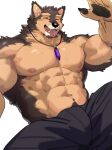  abs anthro biceps blush bodily_fluids brown_body brown_fur canid canine canis crystal domestic_dog fuguri fur gesture hi_res jewelry lifewonders live_a_hero male mammal muscular muscular_anthro muscular_male necklace nipples pawpads pecs pubraseer shirtless sitting solo sweat tongue tongue_out waving waving_at_viewer 