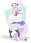  absurdres braces breasts bursting_breasts dullvivid furry glasses goodra highres huge_breasts looking_at_viewer pokemon ribbon sailor_collar school_uniform signature skirt smile sweat thick_thighs thighs twintails wide_hips 
