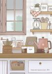  :o artist_name ayu_(mog) bag bag_of_chips basket blue_dress blush blush_stickers bowl bowl_stack bucket chips_(food) closed_mouth coffee_bag coffee_grinder coffee_pot collared_dress commentary_request cookie cookie_jar counter cup drawer dress english_commentary flour food fork highres indoors jar looking_at_another looking_up mixed-language_commentary mug no_humans open_mouth orange_dress original plant polka_dot polka_dot_dress rolling_pin saucer shelf sleeveless sleeveless_dress smile solid_circle_eyes spatula spoon sugar_(food) watermark weighing_scale window 