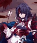  1boy alcryst_(fire_emblem) armor arrow_(projectile) ascot asymmetrical_armor asymmetrical_hair blood blood_on_clothes blood_on_face blue_hair closed_mouth fire_emblem fire_emblem_engage guro highres injury long_sleeves motiumai red_eyes reverse_ryona short_hair white_ascot wince 