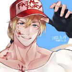  1boy adjusting_clothes adjusting_headwear artist_name baseball_cap black_gloves blood blood_on_clothes blood_on_face blood_on_hands blue_eyes collarbone dated english_text fatal_fury_cap fingerless_gloves gloves hair_between_eyes hat long_hair looking_at_viewer male_focus mmts_g muscular muscular_male open_mouth ponytail simple_background smile solo teeth the_king_of_fighters the_king_of_fighters_for_girls upper_teeth_only 