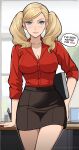  1girl alternate_costume black_skirt blonde_hair blue_eyes blurry blurry_background breasts collared_shirt english_commentary english_text folder highres holding holding_folder indoors large_breasts lepypepy long_hair looking_at_viewer mixed-language_commentary office office_lady parted_lips pencil_skirt persona persona_5 red_shirt shirt skirt smile solo speech_bubble swept_bangs takamaki_anne twintails 