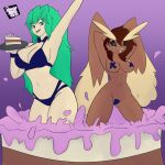  1:1 absurd_res blue_clothing blue_underwear brown_body brown_fur cake clothing dessert duo female female/female feral food fthesalt fur generation_4_pokemon green_hair hair hi_res human humanoid lingerie lopunny mammal nintendo pasties pokemon pokemon_(species) pop_out_cake rhode_arts stripper underwear yellow_body yellow_fur 