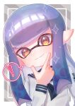  ! 1girl blunt_bangs domino_mask hand_up highres inkling inkling_girl long_hair long_sleeves looking_at_viewer mask neumamama pointy_ears purple_hair sailor_collar shirt smile solo sparkle splatoon_(series) spoken_exclamation_mark tentacle_hair upper_body white_shirt yellow_eyes 