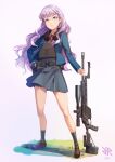  1girl bare_legs blue_jacket blue_skirt dated green_eyes gun handgun headphones headphones_around_neck highres hiroki_ree holding holding_gun holding_weapon jacket long_hair love_live! love_live!_superstar!! pink_hair rifle school_uniform serious skirt sniper_rifle solo ssg_08 steyr_l9 weapon white_background wien_margarete 