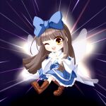  1girl ;d backlighting blue_bow blue_dress blunt_bangs blush boots bow brown_hair chibi commentary_request dark_background dress fairy_wings full_body hair_bow long_hair long_sleeves muumuu_(sirufuruteienn) one_eye_closed open_mouth own_hands_together simple_background smile solo star_sapphire teeth touhou upper_teeth_only wide_sleeves wings 
