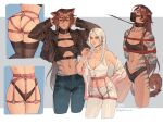  2girls absurdres animal_ears bbybluemochi bdsm bondage bondage_outfit bound breasts cat_ears collar crop_top harness highres jacket leash medium_breasts multiple_girls muzzle open_clothes open_jacket original tail thighhighs underwear yuri 