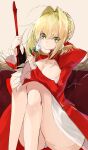  1girl absurdres ass blonde_hair blush braid braided_bun breasts cleavage closed_mouth collarbone commentary_request crossed_legs dated dress epaulettes eyes_visible_through_hair fate/extra fate_(series) feet_out_of_frame flower fringe_trim green_eyes hair_between_eyes hair_bun hair_intakes high_collar highres holding holding_flower knees_up large_breasts legs long_sleeves looking_at_viewer nero_claudius_(fate) nero_claudius_(fate/extra) panties partial_commentary red_dress short_hair signature single_hair_bun sitting smile solo sword underwear weapon white_flower white_panties yonagi_white 